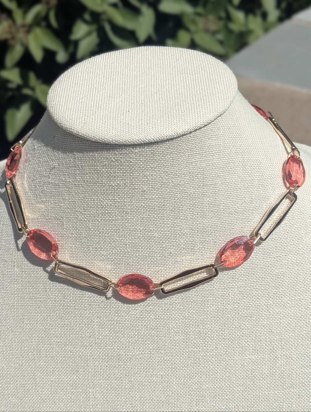 Gold Tone Acrylic Bead Necklace Watermelon Pink Link Chain Adjustable 16–19”